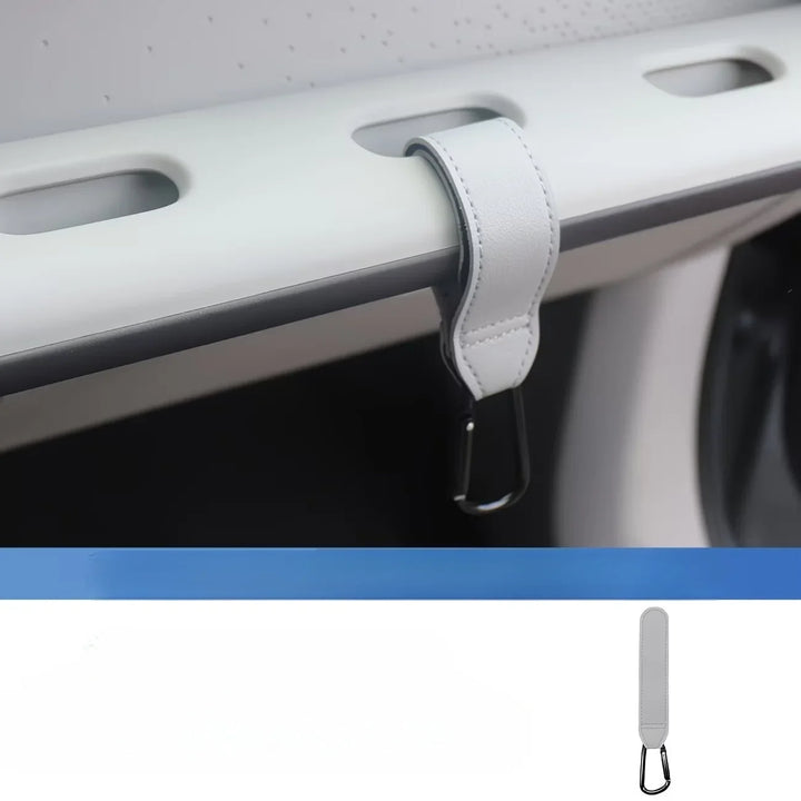 White leather car interior hook organizer with a black carabiner for Leapmotor.