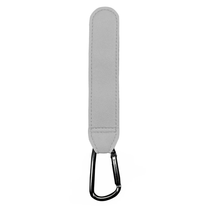 Grey leather keychain with a silver metal carabiner clip