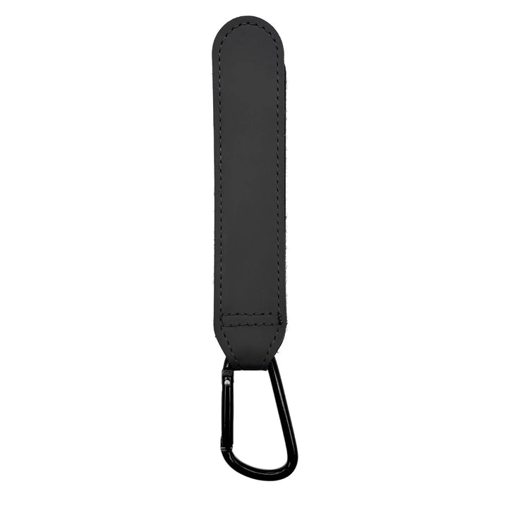 Black leather keychain strap with a metal carabiner clip