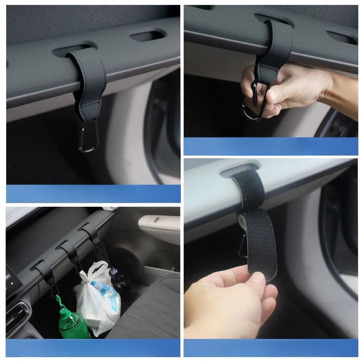 Leather car interior organizer hooks for holding bags and bottles